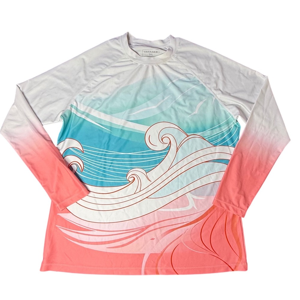 Voyager Long Sleeve Rash Guard Sun Shirt Waves‎ Print Coral Blue White 2XL